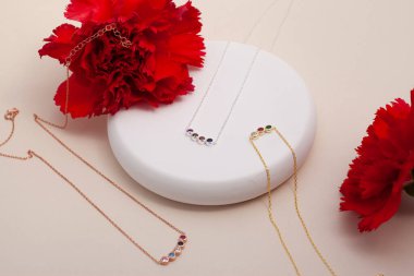 Mücevherler yaratıcı renkli yumuşak bir arka planda sergileniyor. E- ticaret için mücevher fotoğrafı, online satış, sosyal medya.