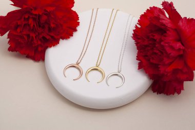 Mücevherler yaratıcı renkli yumuşak bir arka planda sergileniyor. E- ticaret için mücevher fotoğrafı, online satış, sosyal medya.