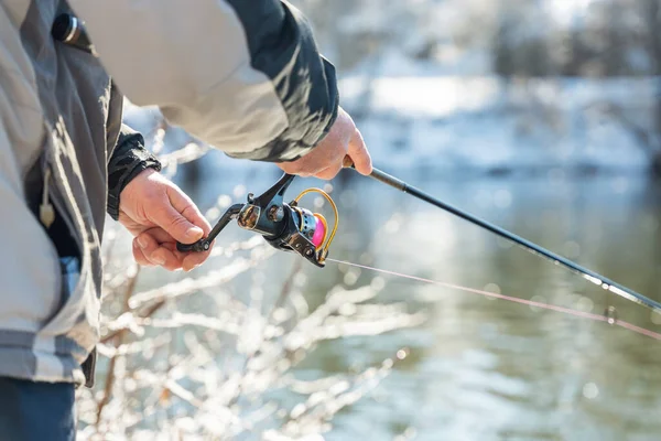 Fishing River Winter Fisherman Holds Fishing Rod His Hands Spins — 图库照片