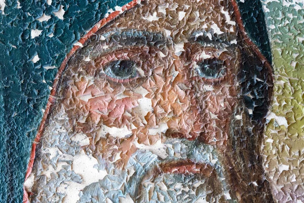 正教会の壁絵の断片 コンクリートの壁に古い割れた絵 テクスチャの背景 — ストック写真