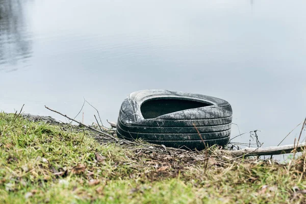 Nehir Kıyısında Eski Bir Araba Lastiği Duruyor Çevre Kirliliği — Stok fotoğraf