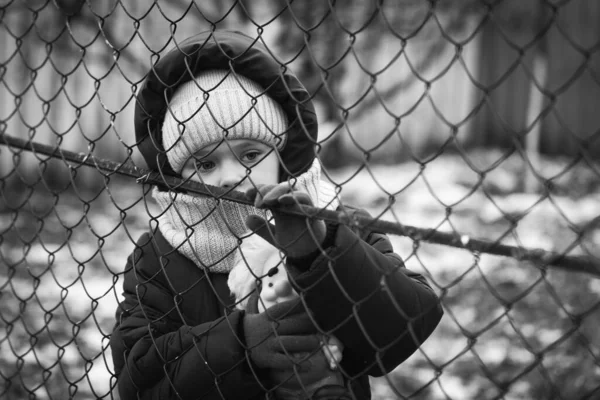 Little Refugee Girl Sad Look Metal Fence Social Problem Refugees — Stock Photo, Image