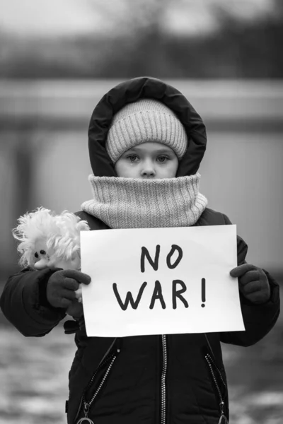 Little Refugee Girl Tears Her Eyes Placard Says War Social — Stock Photo, Image