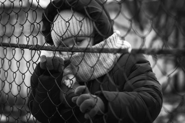 Uma Menina Refugiada Com Brinquedo Atrás Uma Cerca Metal Problema — Fotografia de Stock