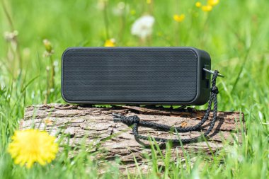 Seyir defterinde müzik dinlemek için taşınabilir kablosuz hoparlör.