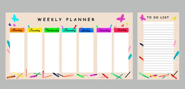 Schoolboy Student Weekly Planner Template Organizer Schedule Space Notes Vector — Vetor de Stock