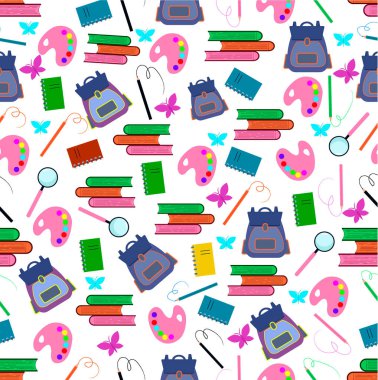 Okul gereçleri ve yaratıcı unsurlarla komik, pürüzsüz bir düzen. Okula dönüyoruz..