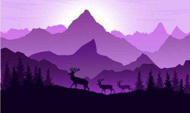 silhouette of mountains with trees and deer against the background of the setting sun in lilac tones