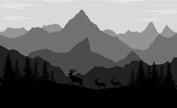 Mountain Silhouettes Black White Fir Trees Deer Flyer Poster Banner — Vector de stock
