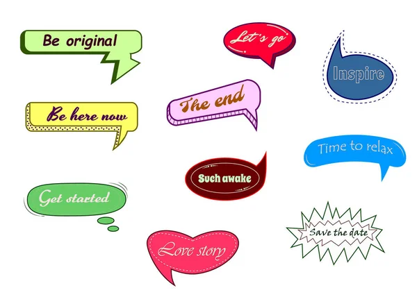 Multicolored Message Stickers Different Phrases Different Occasions Flat Lettering Style — Stockvektor