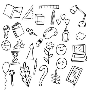 school doodles for September 1 book notebook ruler button ball laptop tablet pen pencil ball emoticons eraser glue palette clock cube light bulb stars hearts