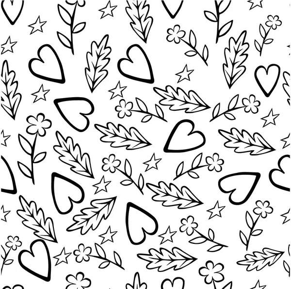 Seamless Pattern Hearts Leaves Flowers Funny Doodle Aesthetic Print Fabric — Image vectorielle