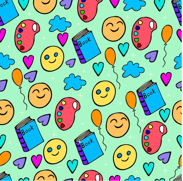 Seamless Pattern Colored Fun Doodles Green Background Your Design Poster — Wektor stockowy