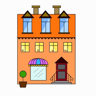 An old building with a showcase in a cartoon style. Three floors. Home, shop, hotel. Vector illustration.
