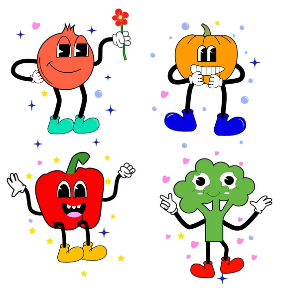 Funny Set Positive Cartoon Characters Bell Pepper Broccoli Pumpkin Pomegranate — Vector de stock