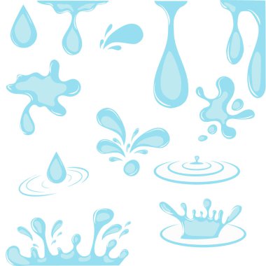 Drops of water or oil. Vector set of icons of flowing drops, waves, tears, splashes, splashes of nature isolated on white background. Dripping liquid. Water spill. Aqua drop element. Drops of rain and drops of sweat.