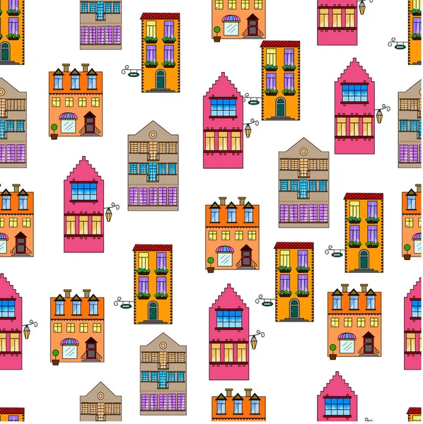 Seamless Pattern Vintage Houses Vector Illustration European Houses Seamless Pattern — ストックベクタ