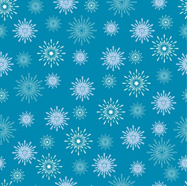 Mavi arka planda beyaz kar tanelerinin kusursuz kış deseni. Paketleme, tekstil, kartpostallar, posterler için tebrikler. Vektör illüstrasyonu.