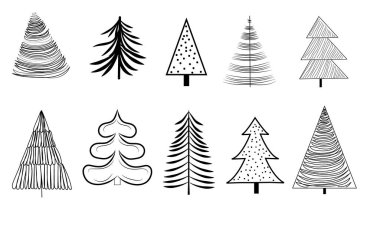 Beyaz arka planda bir dizi farklı noel ağacı. Vektör illüstrasyonu.