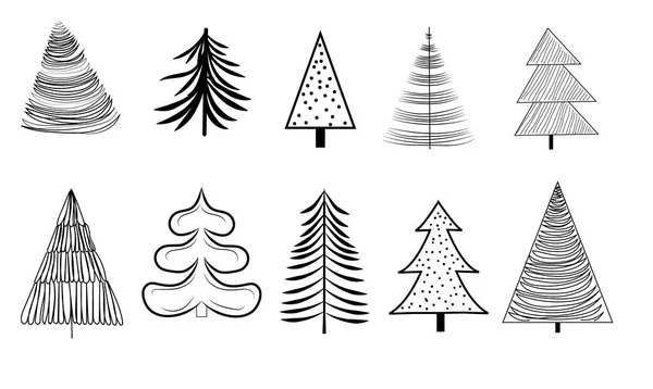 Ένα Σύνολο Από Διαφορετικά Περίγραμμα Χριστουγεννιάτικα Δέντρα Λευκό Φόντο Εικονογράφηση — Διανυσματικό Αρχείο