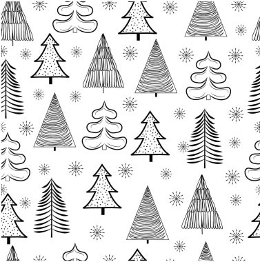 Noel 'de köknar ağaçları ve kar taneleriyle kusursuz bir düzen. Beyaz bir arka planda. Tekstil ve ambalaj tasarımı için 