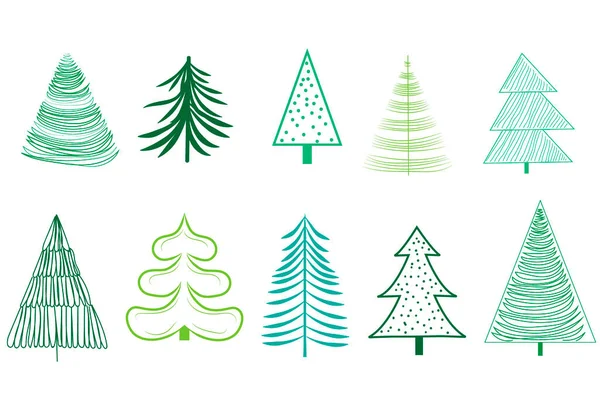 Ensemble Icônes Différents Arbres Noël Vert Contour Sur Fond Blanc — Image vectorielle