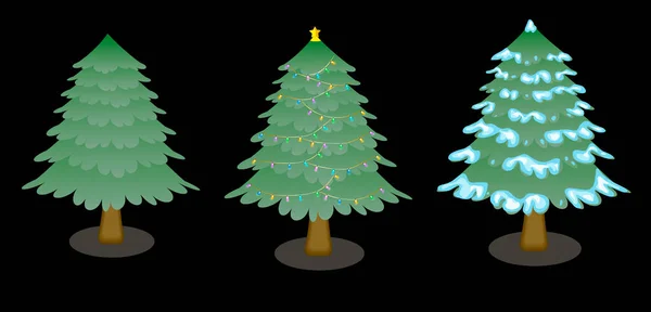 Tres Vectores Dibujos Animados Árboles Navidad Diferentes Decoraciones Año Nuevo — Vector de stock