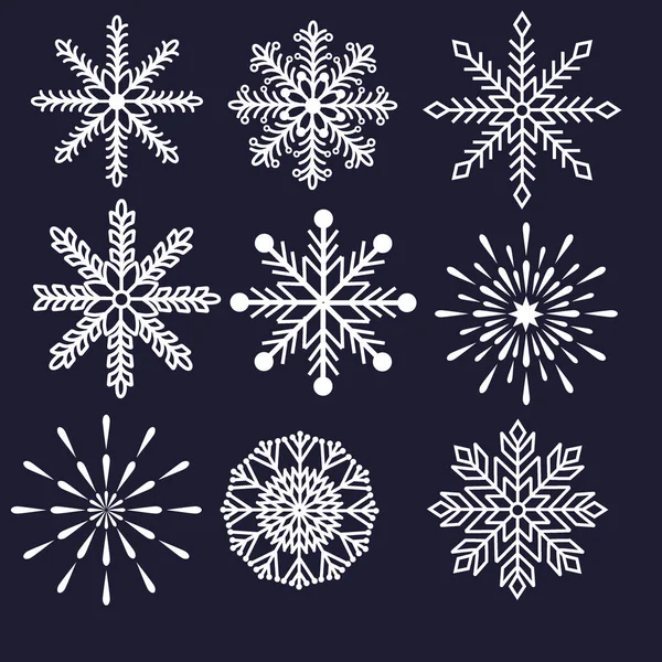 Sammlung Weißer Schneeflocken Auf Dunkelblauem Hintergrund Für Die Gestaltung Der — Stockvektor