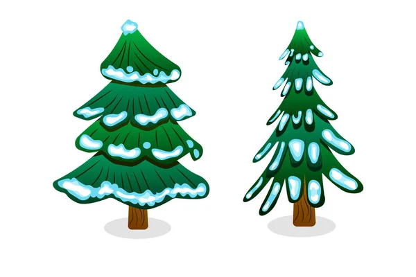 Δύο Καρτούν Χριστουγεννιάτικα Δέντρα Καλυμμένα Χιόνι Για Σχεδιασμό Συγχαρητηρίων Πρόσκλησης — Διανυσματικό Αρχείο