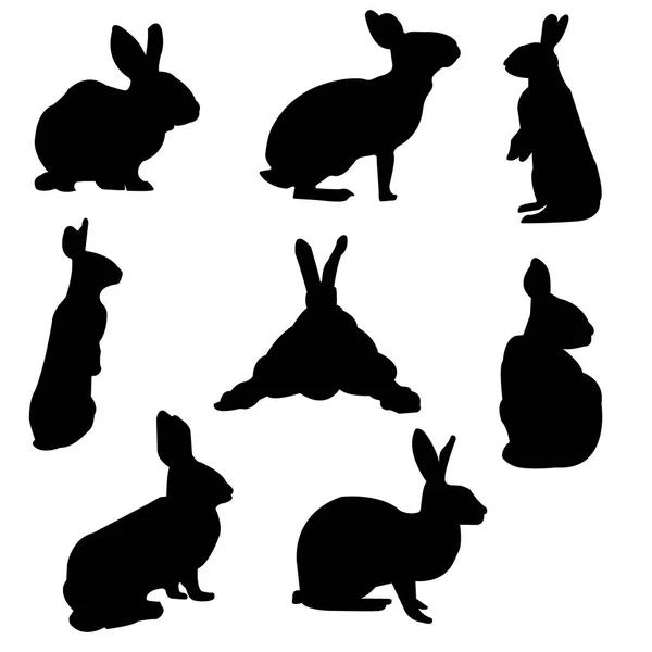 Черные Силуэты Кроликов Разных Положениях Белом Фоне Векторная Иллюстрация — стоковый вектор