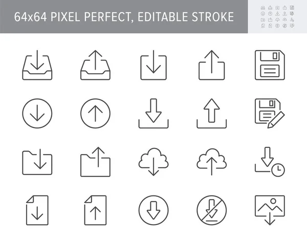 Download line icons. Vector illustration include icon - upload, cloud storage, folder, arrow, document, diskette, floppy disk outline pictogram for web button. 64x64 Pixel Perfect, Editable Stroke — Stock Vector