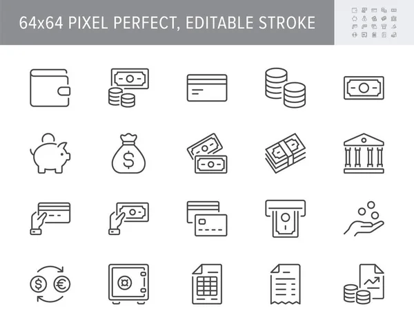 Money line icons. Vector illustration include icon - currency exchange, payment, withdraw, wallet, credit card, invoice, receipt outline pictogram for banking. 64x64 Pixel Perfect, Editable Stroke — Stock Vector