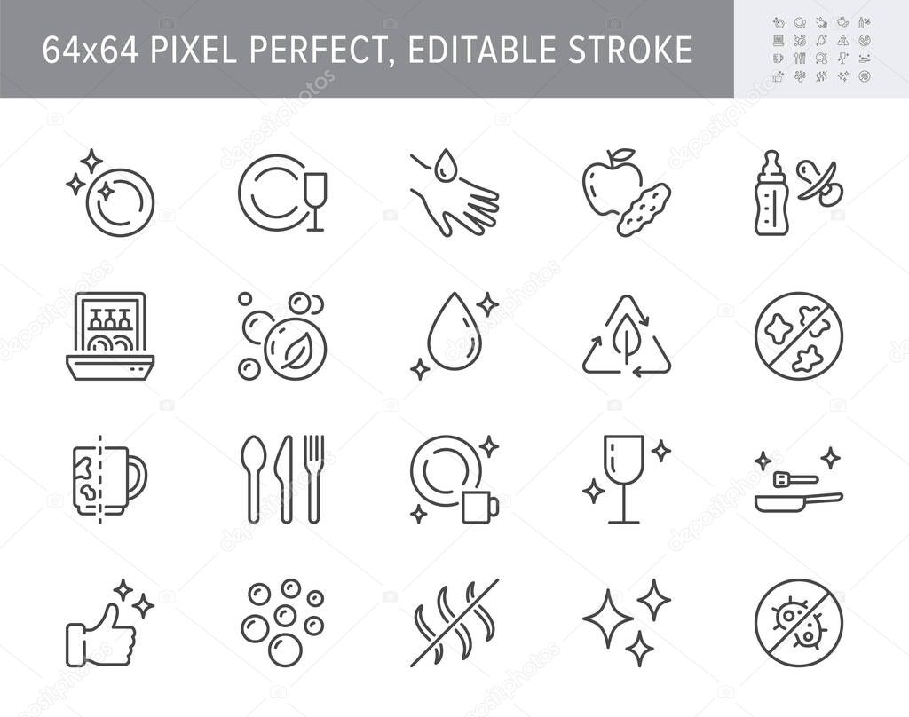 Dish wash line icons. Vector illustration include icon - disinfect, biodegradable detergent, skin gentle, dishwasher soap outline pictogram for tableware cleaning. 64x64 Pixel Perfect Editable Stroke