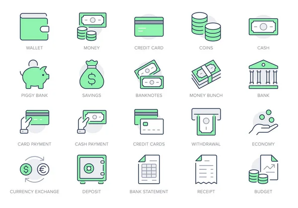 Pengalinje ikoner. Vektor illustration inkluderar ikon - valutaväxling, betalning, uttag, plånbok, kreditkort, faktura, kvitto kontur piktogram för bank. Redigerbar stroke, Grön färg — Stock vektor