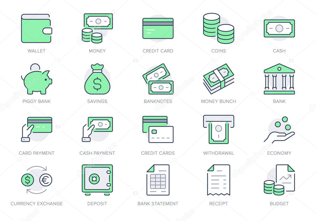 Money line icons. Vector illustration include icon - currency exchange, payment, withdraw, wallet, credit card, invoice, receipt outline pictogram for banking. Editable stroke, Green color