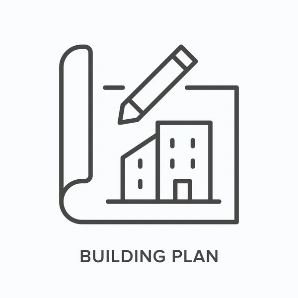 Building plan flat line icon. Vector outline illustration of blueprint scroll. Black thin linear pictogram for architecture document — Stock Vector