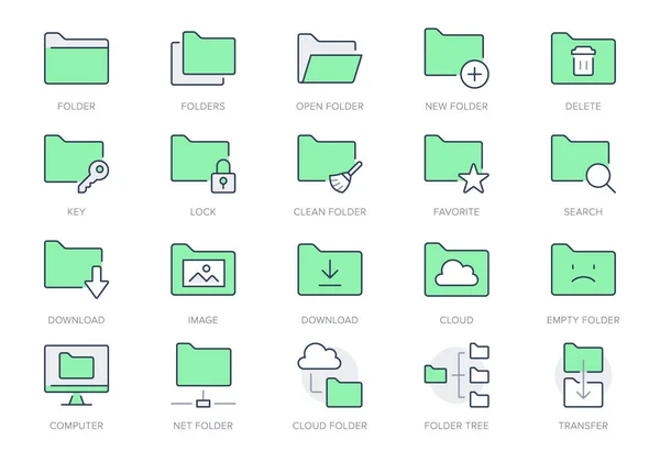 Εικονίδια γραμμής φακέλου. Εικονογράφηση διάνυσμα περιλαμβάνει εικονίδιο - αρχείο, αντιγραφή, διαγραφή, λήψη, δίκτυο, κλειδαριά, έγγραφο, περιήγηση εικονογράφημα περίγραμμα για τον κατάλογο του υπολογιστή. Πράσινο χρώμα, επεξεργάσιμο εγκεφαλικό επεισόδιο — Διανυσματικό Αρχείο