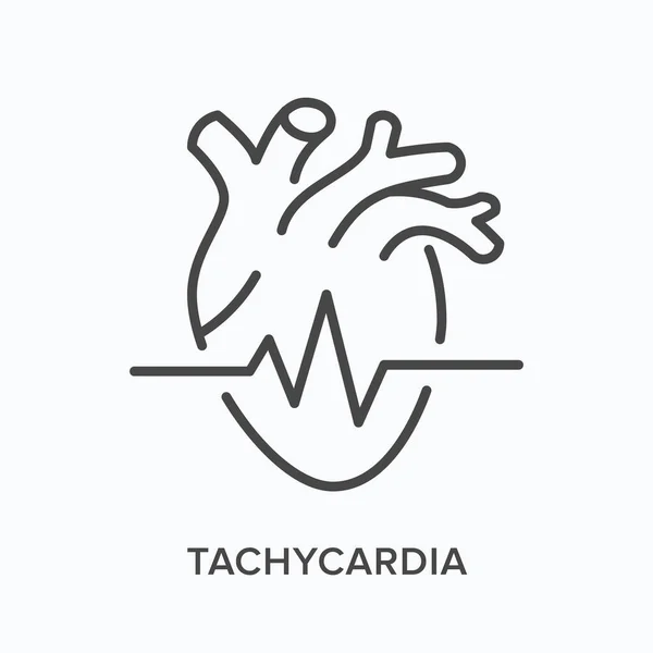 Takykardi platt linje ikon. Vektor skissera illustration av hjärta och kardiogram. Svart tunn linjär piktogram för ekg — Stock vektor