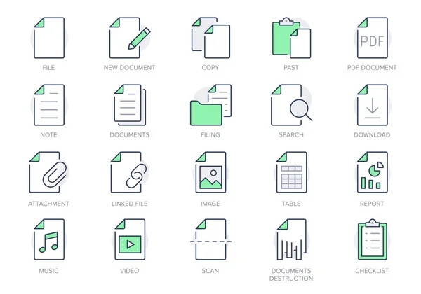 Icone della riga di file. Illustrazione vettoriale includono icona - carta, pdf, penna, documento, lista di controllo, pagina, immagine, foglio, copia, foto contorno pittogramma per l'allegato web. Colore verde, traccia modificabile — Vettoriale Stock