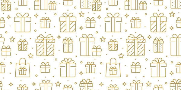 Cadeaux motif sans couture or. Vecteur sur fond blanc inclus des icônes de ligne comme boîte, enveloppement, Noël, surprise, papier, pictogramme de contour de sac à main pour Noël présent — Image vectorielle