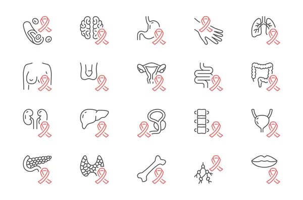 Los tipos de cáncer alinean iconos. La ilustración vectorial incluye iconos: mama, estómago, respiración, páncreas, riñón, testículos, pictograma del contorno uterino para oncología. Color Negro y Rojo, Carrera Editable — Archivo Imágenes Vectoriales