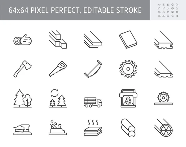 Lumber line icons. Vector illustration include icon - log, plank, polishing grinder, saw, lumberjack, cutting, carpentry outline pictogram for wood cutting. 64x64 Pixel Perfect, Editable Stroke — Stock Vector