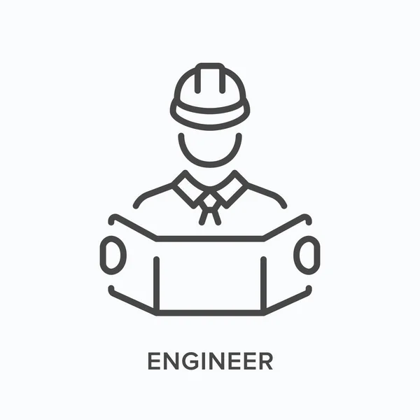 Icona della linea piatta dell'ingegnere. Illustrazione schematica vettoriale del lavoratore e del progetto. Pittogramma lineare sottile nero per l'edilizia — Vettoriale Stock