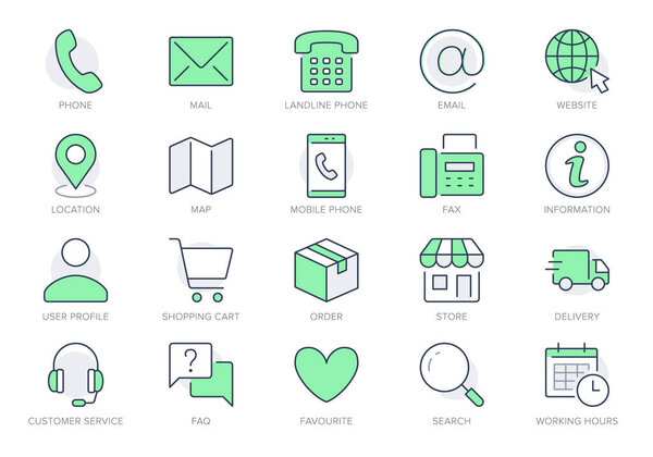 Свяжитесь с нами. Векторная иллюстрация включает в себя иконку - календарь, чат, адрес, местоположение, стационарный телефон, офис, схему доставки пиктограммы для обслуживания клиентов. Зеленый цвет, редактируемый штрих