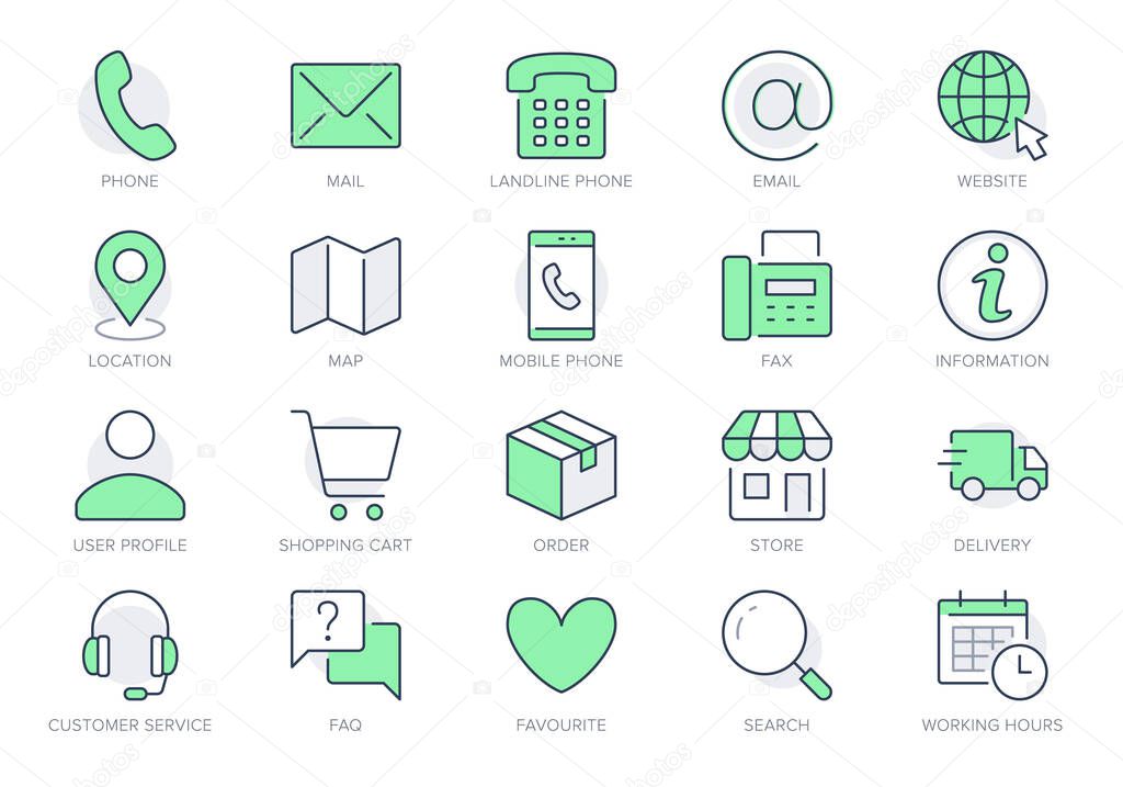 Contact us line icons. Vector illustration include icon - calendar, chat, address, location, landline, office, delivery outline pictogram for customer service. Green Color, Editable Stroke