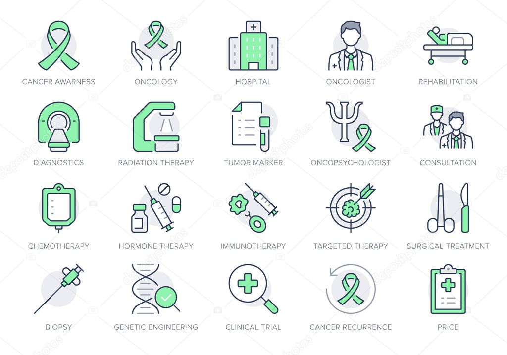 Cancer treatment line icons. Vector illustration include icon - chemotherapy, radiology, doctor, hormone, mri diagnostic outline pictogram for oncology clinic. Green Color, Editable Stroke