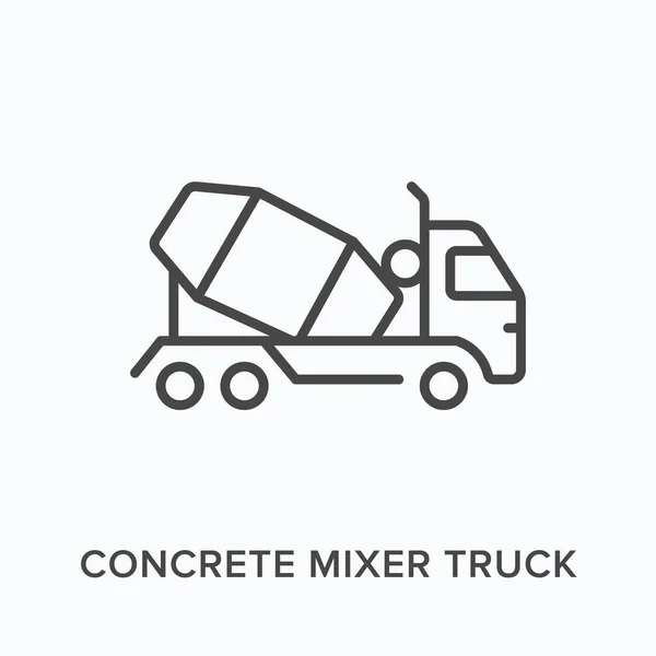 Betonnen mixer truck vlakke lijn pictogram. Vector overzicht illustratie van cementtransport. Zwart dun lineair pictogram voor de bouw — Stockvector
