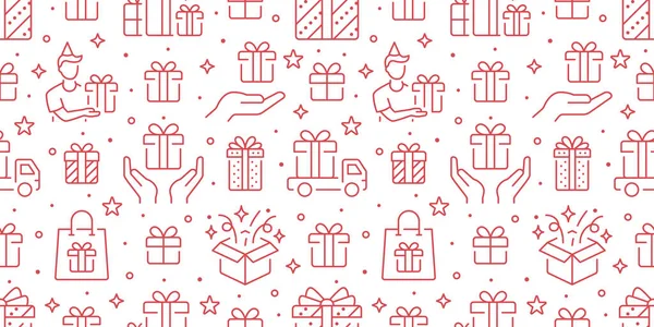 Geschenke Gold nahtlose Muster. Vektor auf weißem Hintergrund enthält Liniensymbole wie Schachtel, Überraschung, Kurier, Lieferung, Kurier, Papiertüte, Hand, Geburtstagspiktogramm für Weihnachtsgeschenk — Stockvektor