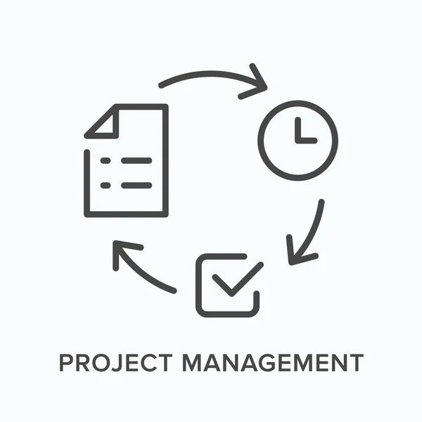 Icono de línea plana de gestión de proyectos. Esquema vectorial ilustración de documento, reloj y signo. Pictograma lineal delgado negro para el proceso de trabajo — Archivo Imágenes Vectoriales