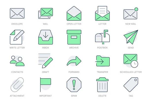 Mail line icons. Vector illustration include icon - postbox, label, letter, email, envelope, spam, document attachment outline pictogram for postal service. Green Color, Editable Stroke — Stock Vector